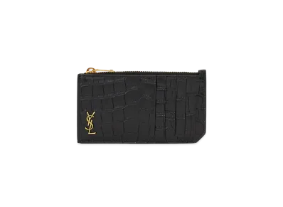Saint Laurent Tiny Cassandre Fragments Zip Card Case In Crocodile-Embossed Matte Leather "Black"
