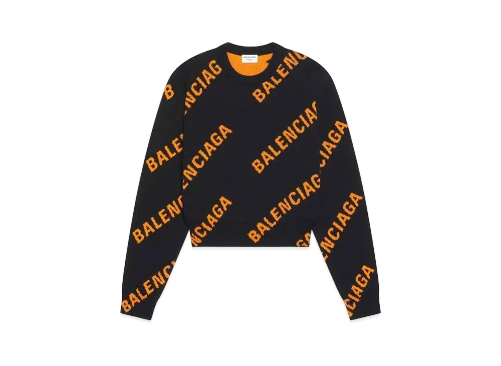 BALENCIAGA Allover Logo Crewneck Cotton Knit "Black"