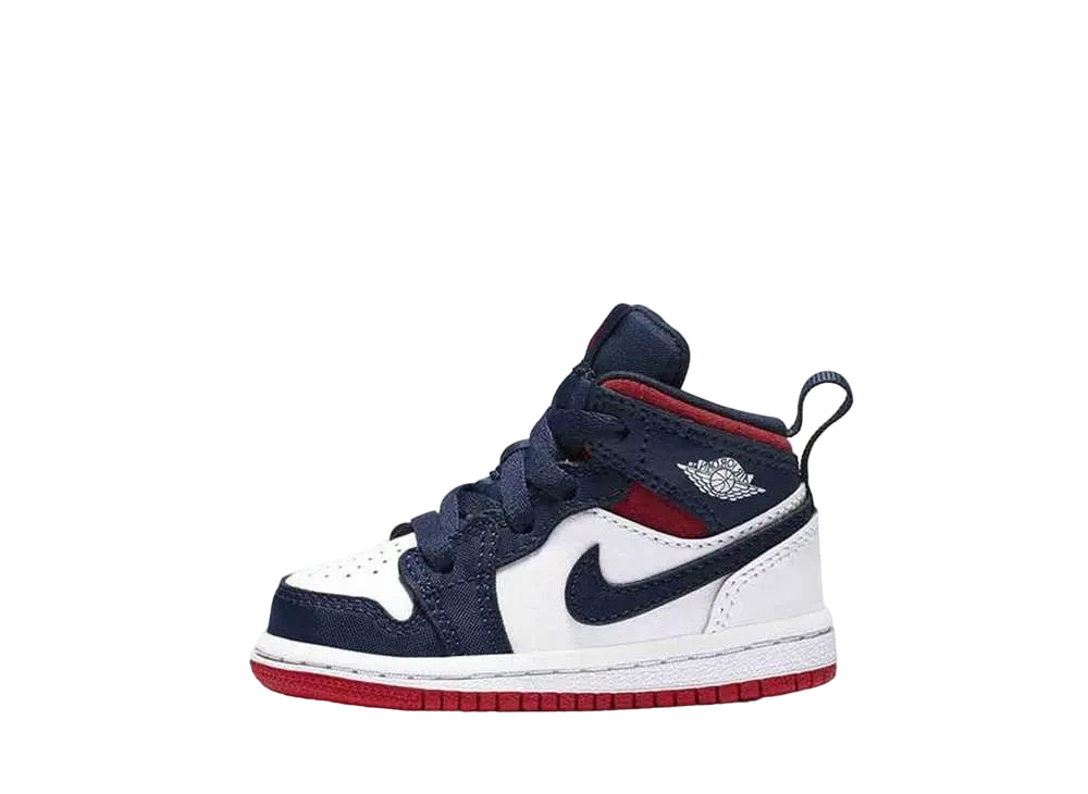 ナイキ TD エアジョーダン1 ミッド SE "ホワイト/ミッドナイトネイビー/メタリックゴールド/ユニバーシティレッド"(キッズ)