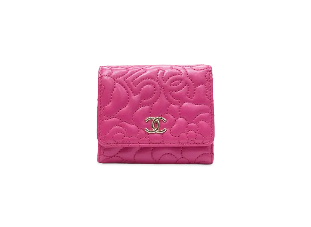 CHANEL Lambskin Coco Mark Camellia Number 5 Compact Wallet "Pink"