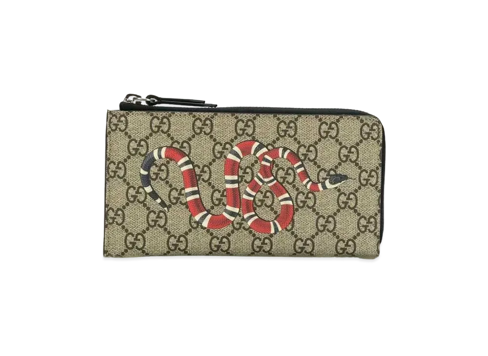 GUCCI Kingsnake Print GG Supreme Zip Wallet "Beige/Ebony"
