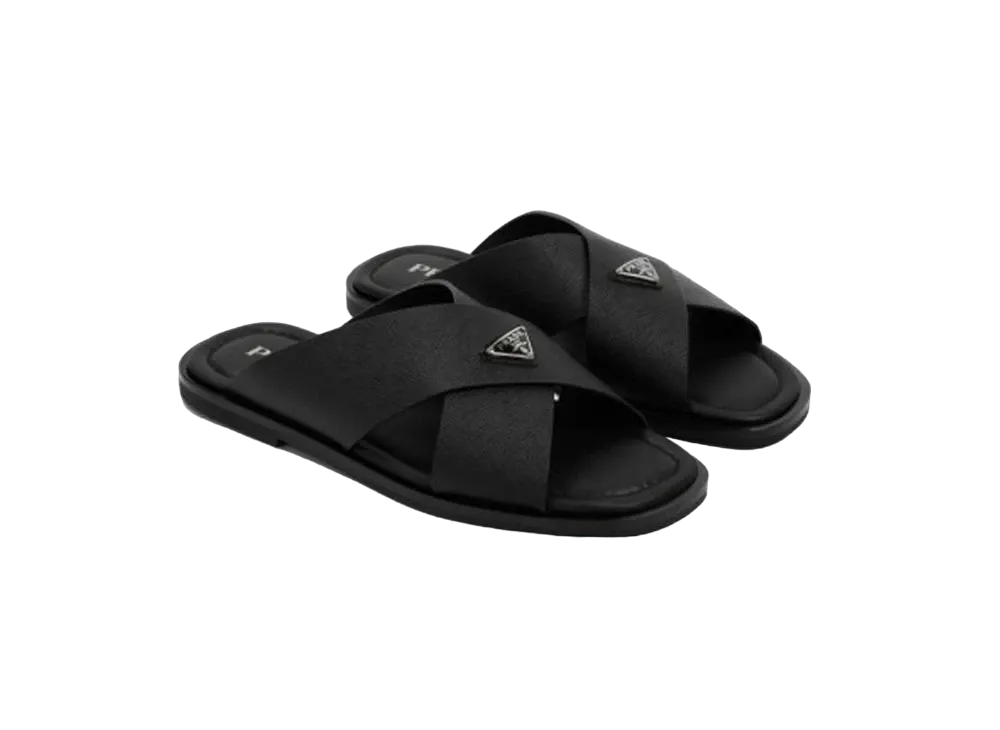 PRADA Saffiano Leather Crisscross Sandals "Black"