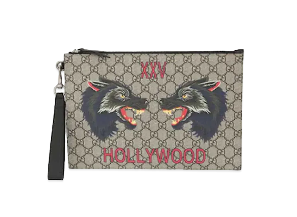 グッチ ウルフ プリント GGスプリーム ポーチ "ベージュ/エボニー" 473904 9HUBN 8697
