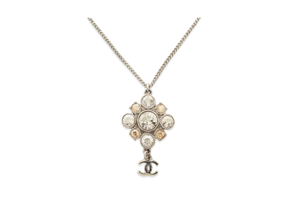 CHANEL Coco Mark Crystal Flower Necklace "Silver"