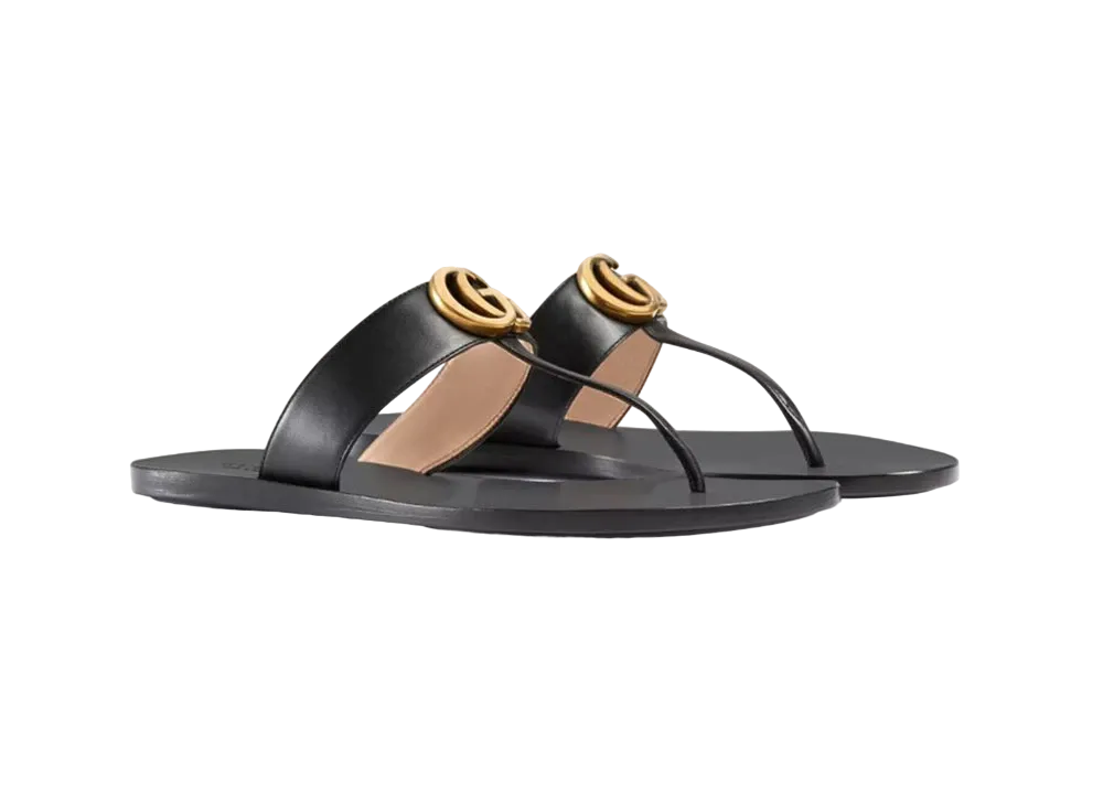 GUCCI Leather Thong Sandal With Double G "Black"