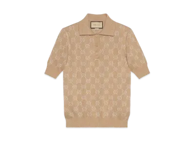 GUCCI Lame GG Jacquard Knit Polo Shirt "Beige"