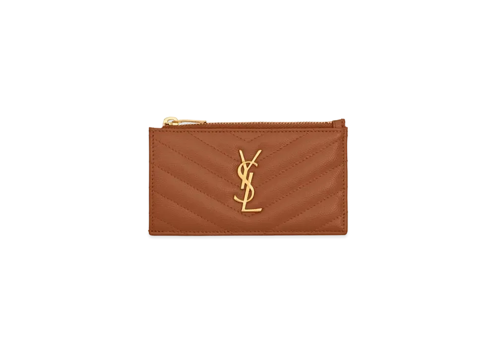 Saint Laurent Cassandre Saint Laurent Matelasse Zipped Fragments Card Case In Grain De Poudre Embossed Leather "Dark Natural"