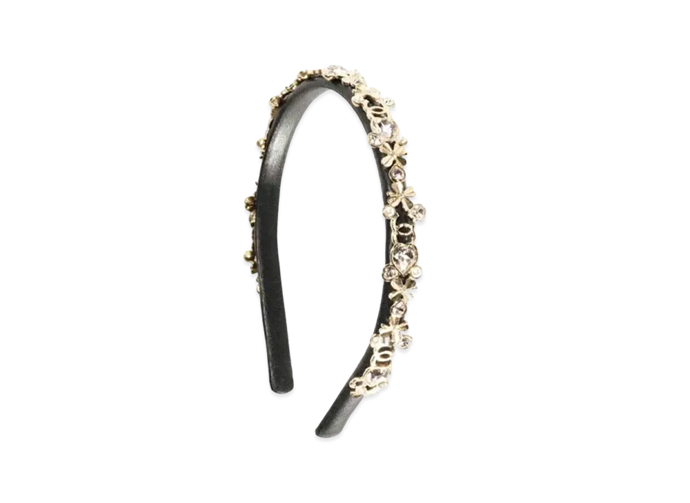 CHANEL Headband Metal Calfskin Glass Pearls & Strass Gold Black Pearly White & Crystal