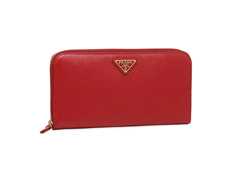 PRADA Saffiano Leather Triangle Logo Round Zip Wallet "Fuoco"
