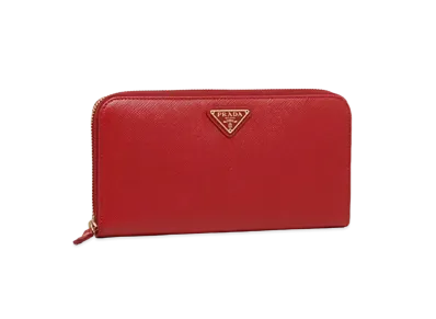 PRADA Saffiano Leather Triangle Logo Round Zip Wallet "Fuoco"