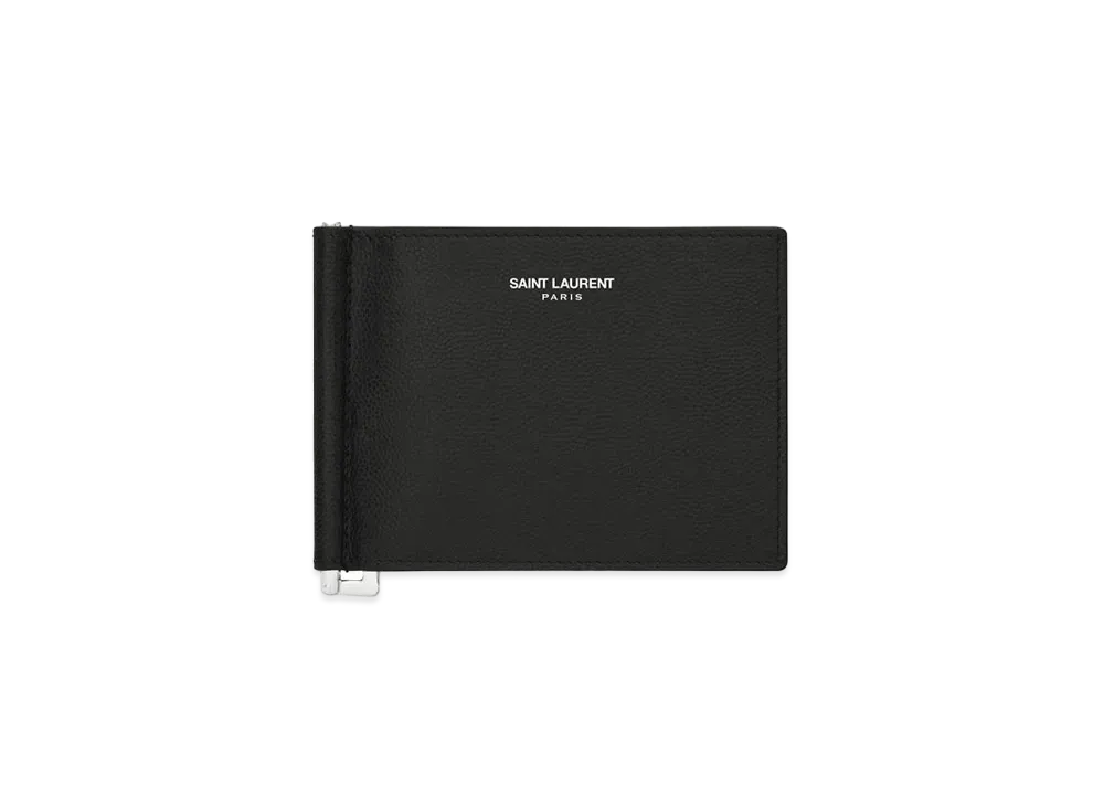 Saint Laurent Bill Clip Wallet In Grain De Poudre Embossed Leather "Black"