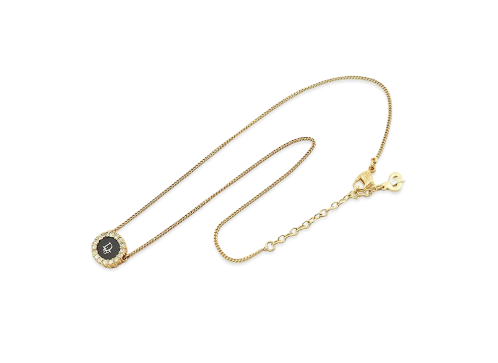 Dior Logo Rhinestone Oval Necklace "Gold"