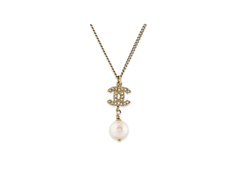 CHANEL Coco Mark Rhinestone Pearl Necklace "Gold"