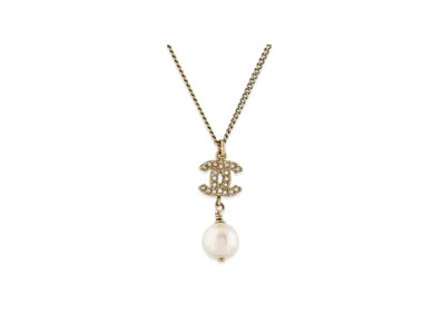 CHANEL Coco Mark Rhinestone Pearl Necklace "Gold"