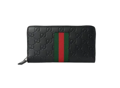GUCCI New Web Leather Zip Around Wallet "Black"