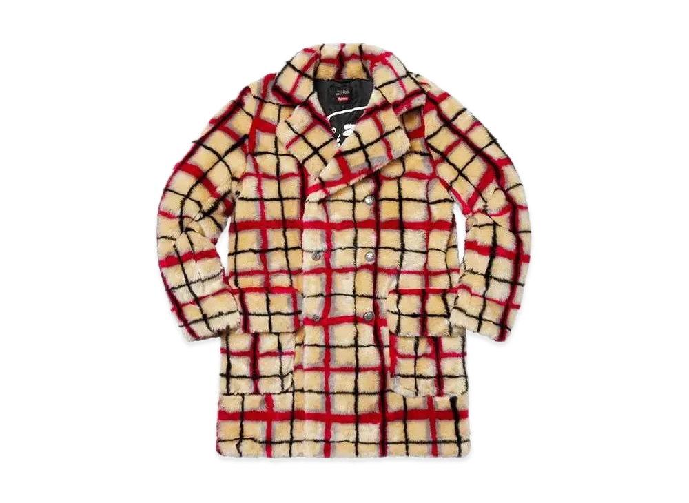 Supreme Jean Paul Gaultier Double Breasted Plaid Faux Fur Coat "Off White"