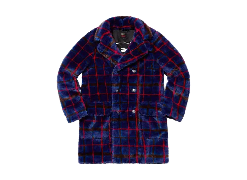 Supreme Jean Paul Gaultier Double Breasted Plaid Faux Fur Coat "Blue"