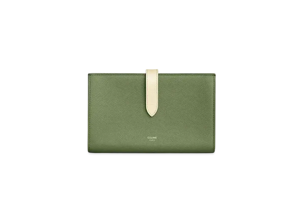 CELINE Large strap wallet in Bicolour Grained Calfskin "Light Khaki/Cream"