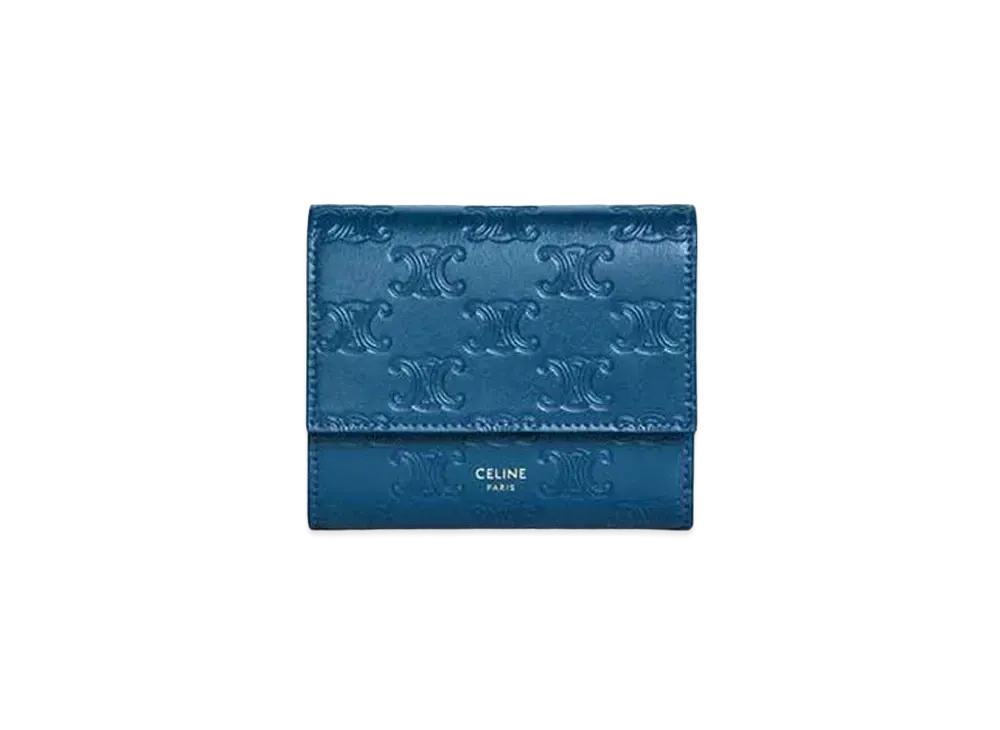 CELINE Small trifold wallet in Embossed smooth calfskin "Petrol"