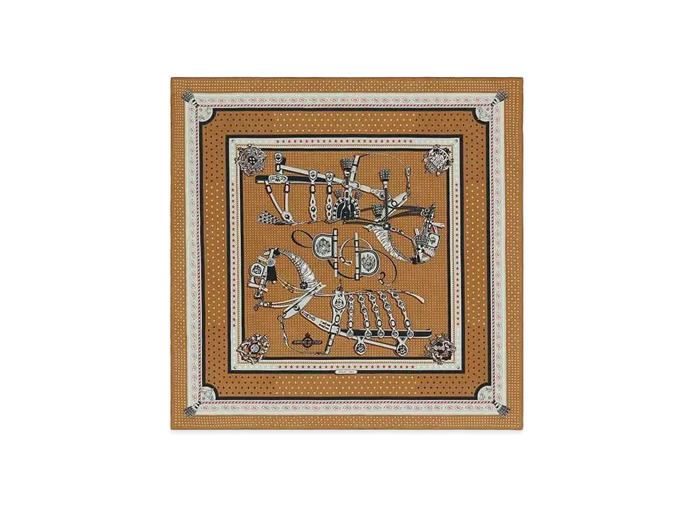 Hermes Harnais De Cour Bandana Shawl 140 "Noisette/Gris Perle/Noir"