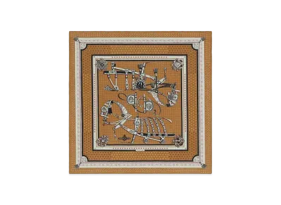 Hermes Harnais De Cour Bandana Shawl 140 "Noisette/Gris Perle/Noir"