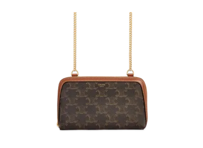 CELINE Clutch With Chain In Triomphe Canvas And Lambskin "Tan"