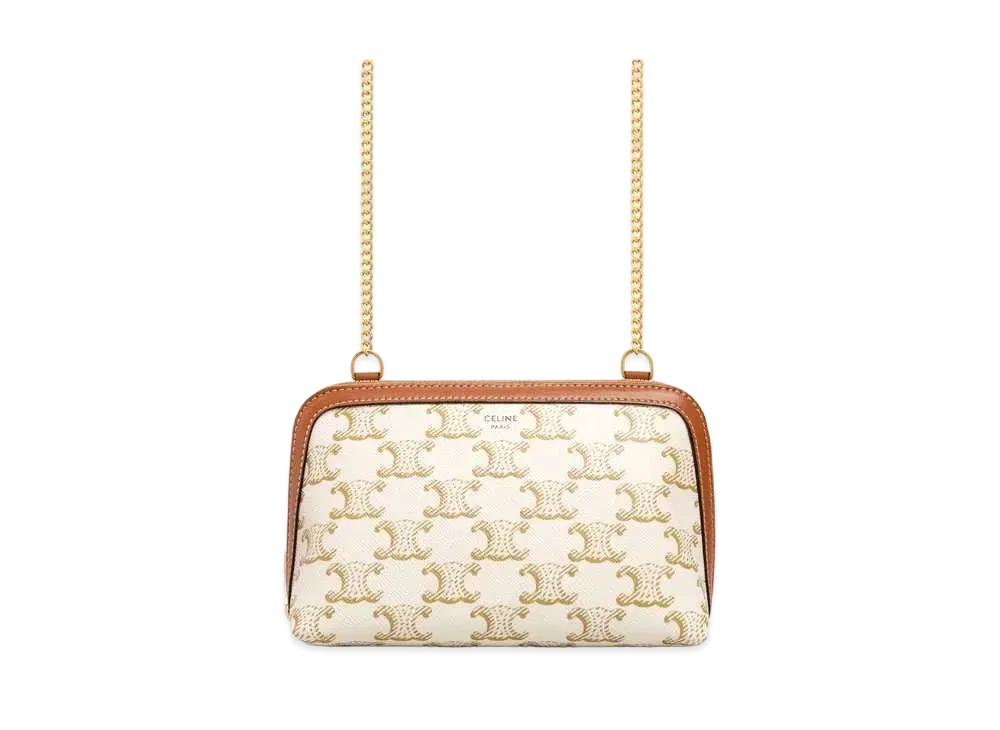 CELINE Clutch with Chain in Triomphe Canvas and Lambskin "White/Tan"
