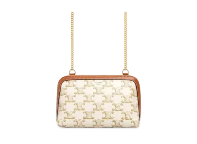 CELINE Clutch with Chain in Triomphe Canvas and Lambskin "White/Tan"