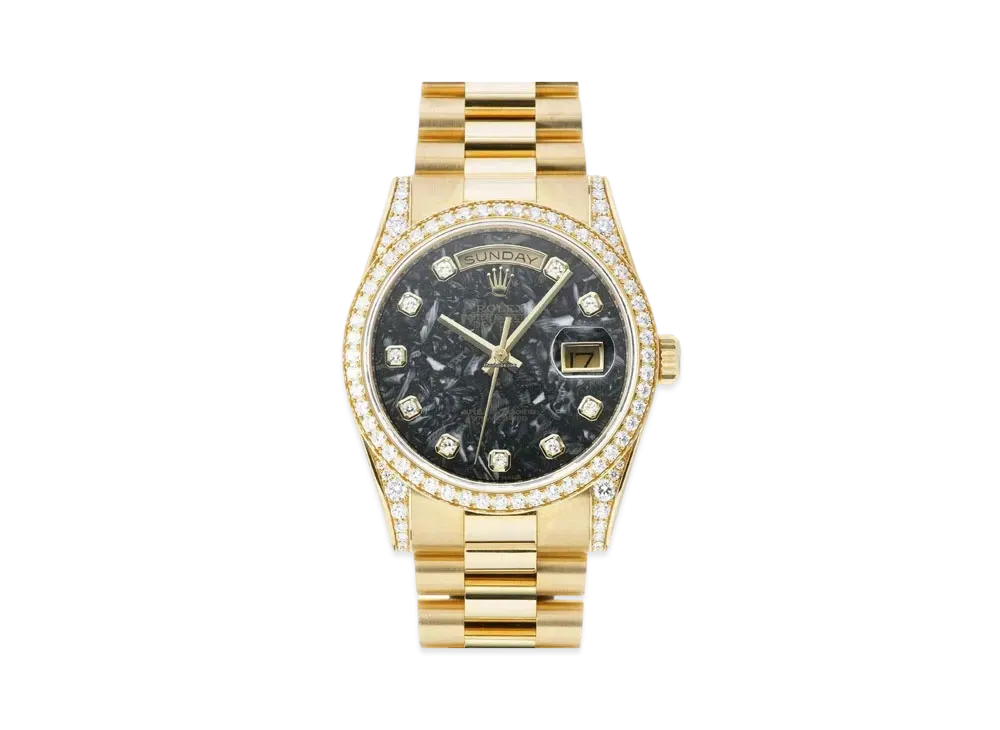 ROLEX Day-Date 36 Random Serial Ammonite Dial 10P Diamonds Yellow Gold 118388