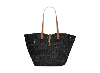 Saint Laurent Panier Medium Bag In Crochet Raffia And Smooth Leather "Noir"
