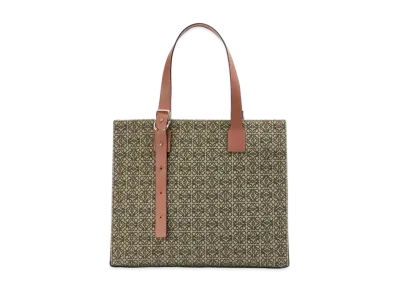 LOEWE Buckle Horizontal Tote In Anagram Jacquard and Calfskin "Khaki Green/Tan"