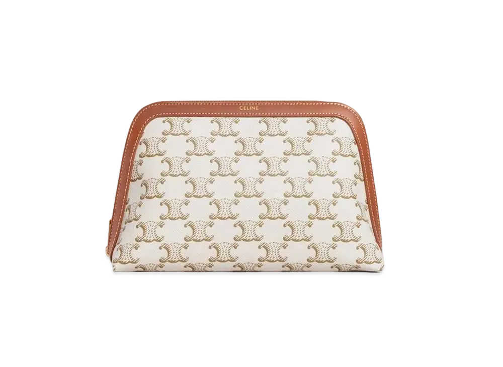 CELINE Medium Cosmetic Pouch In Triomphe Canvas And Calfskin "White"