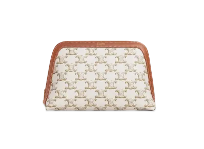 CELINE Medium Cosmetic Pouch In Triomphe Canvas And Calfskin "White"