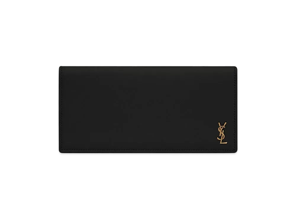 SAINT LAURENT Tiny Cassandre Flat Wallet In Grained Leather "Black"