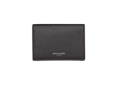 Saint Laurent Business Card Holder With Flap In Grain De Poudre-Embossed Leather "Storm"