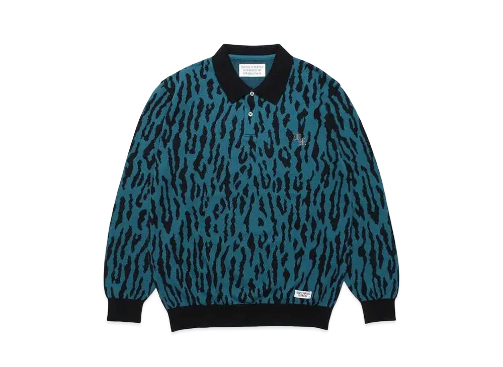 WACKO MARIA Leopard Knit Jacquard Polo Shirt "Blue"