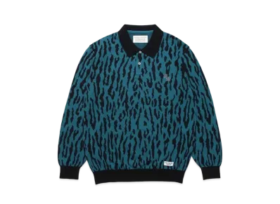 WACKO MARIA Leopard Knit Jacquard Polo Shirt "Blue"