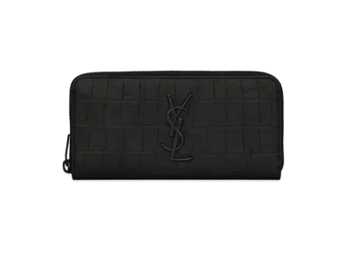 Saint Laurent Cassandre Zip-Around Wallet In Crocodile-Embossed Leather "Black"