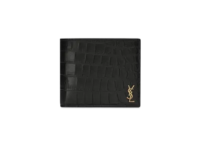Saint Laurent Tiny Cassandre East/West Wallet In Crocodile Embossed Matte Leather "Black"