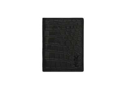 Saint Laurent Tiny Cassandre Credit Card Wallet In Crocodile-Embossed Matte Leather "Black"