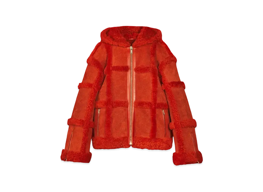 PALACE GUCCI Shearling Jacket With Allover GG Embossing "Red"