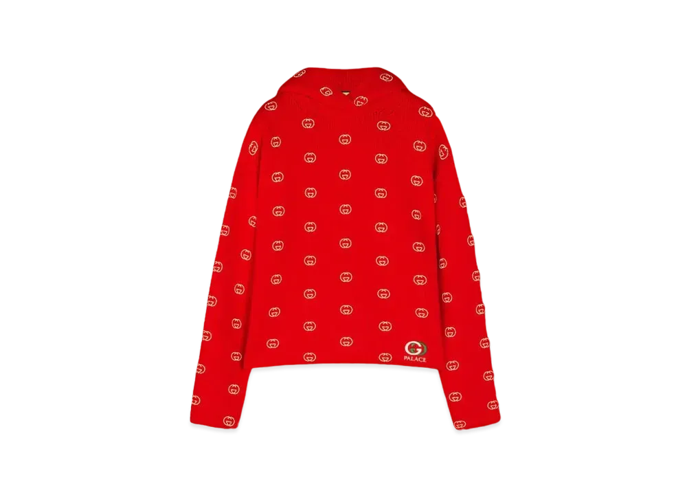PALACE GUCCI Wool Knit Strawberry Hoodie With Studs And Crochet Detail "Red"