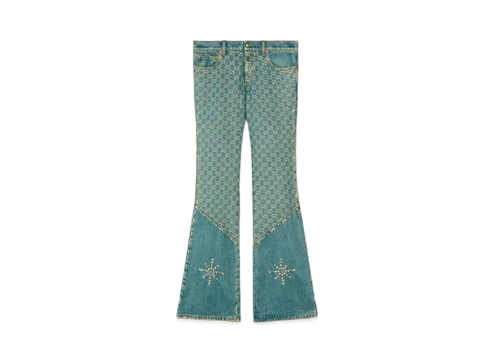 PALACE GUCCI Bootcut Jeans With Allover GG Pattern And Studs "Light Blue"
