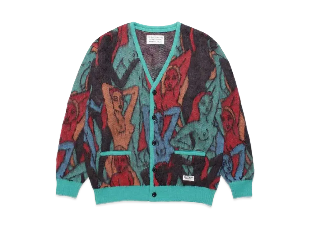 ワコマリア ユラ 百女図 モヘア ニット ジャカード カーディガン "グリーン"