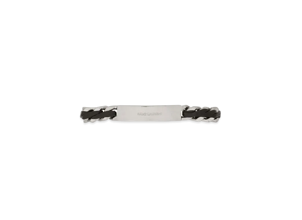 Saint Laurent Tag Curb Chain Bracelet In Leather And Metal "Black/Oxidized Nickel"