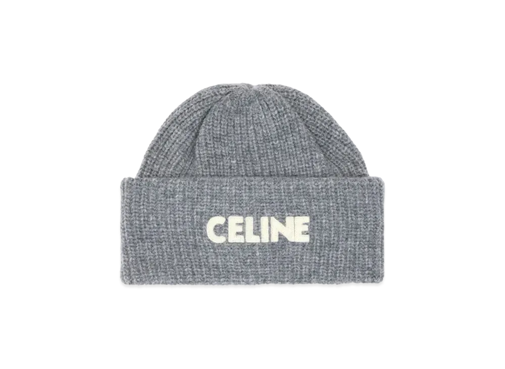 CELINE Embroidered Beanie In Ribbed Wool "Medium Grey"