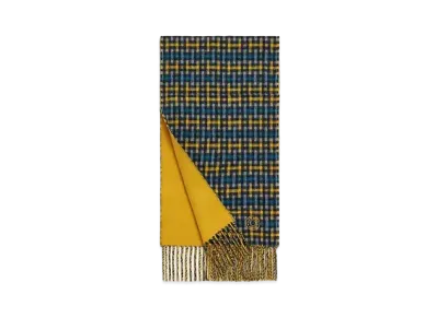 Hermes Cashmere Muffler H Ecossais Recto-Verso "Bleu/Jaune/Gris"