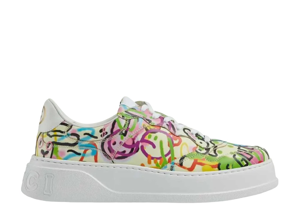 グッチ グラフィティ プリント メンズ プラットフォーム スニーカー "アイボリー/マルチカラー"