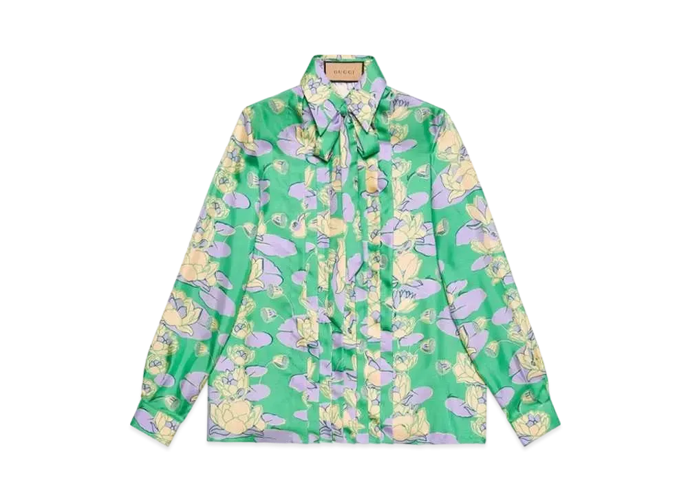 GUCCI Waterlily Print Silk Shirt "Green/Lilac"