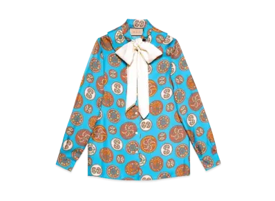 GUCCI GG Paisley Circle Print Silk Shirt "Turquoise"